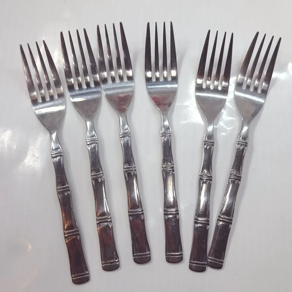 Vintage Northcraft set 6 small forks bamboo pattern stainless steel Korea tiki